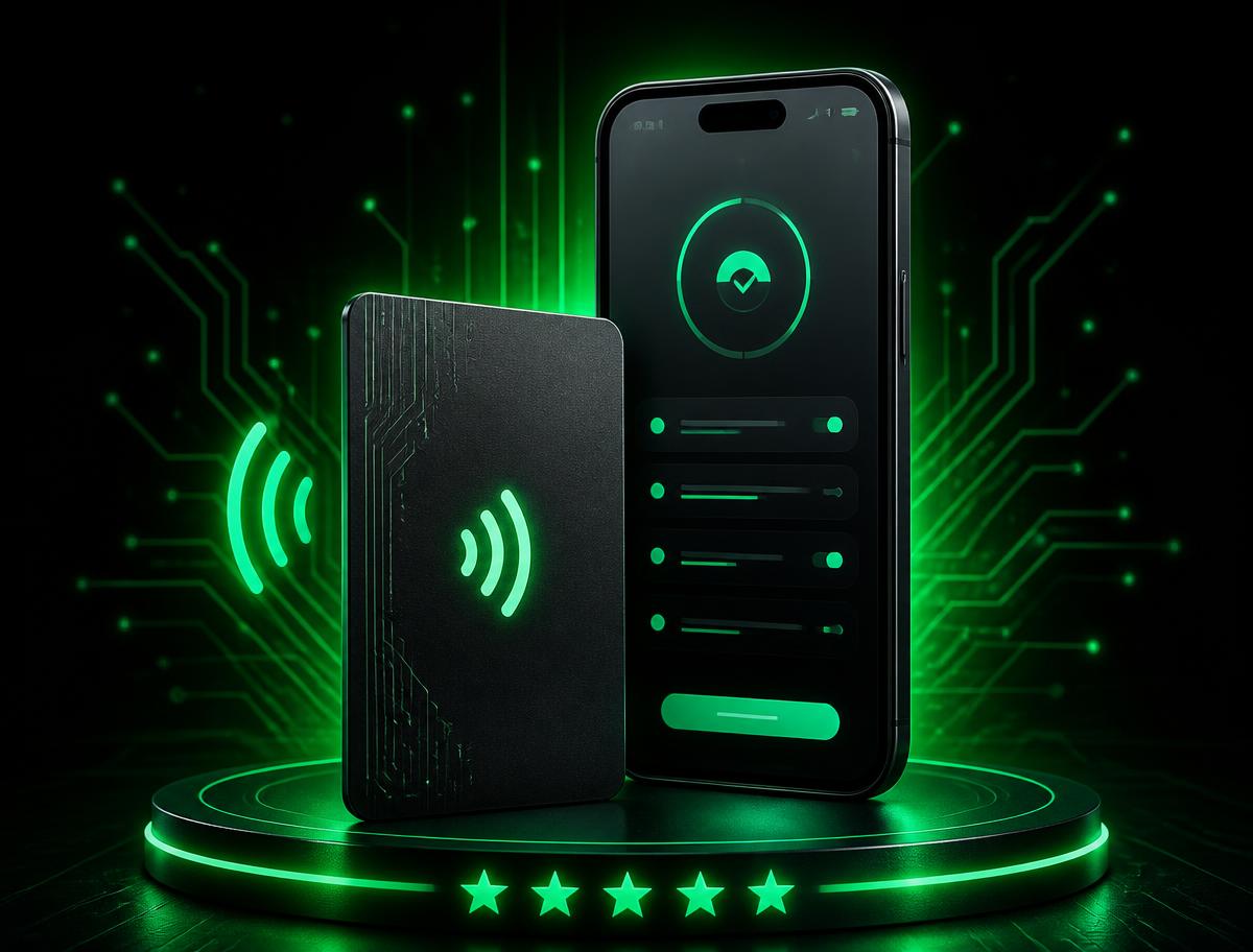 Card NFC e smartphone per la configurazione illuminati da LED verdi