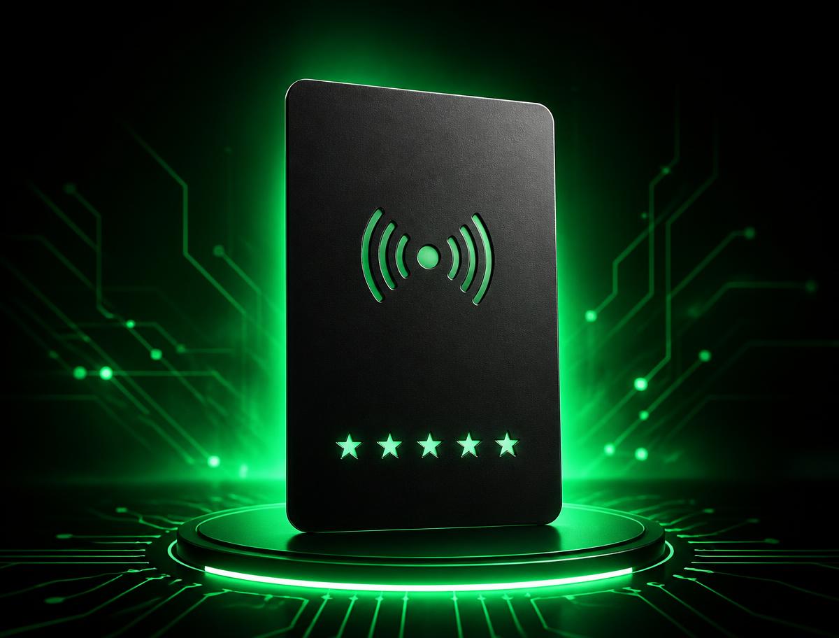 Card NFC nera per recensioni Google illuminata da LED verdi